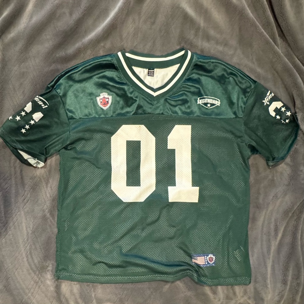 SHEIN Forest Green and White Knit Football Jersey Top